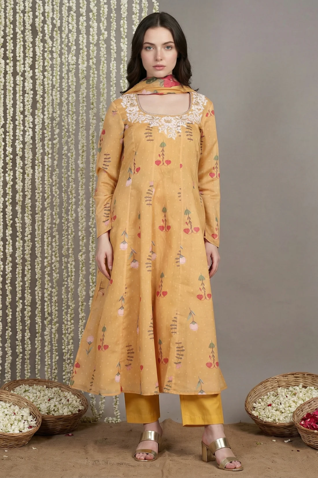Yellow Floral Printed Anarkali Kurta